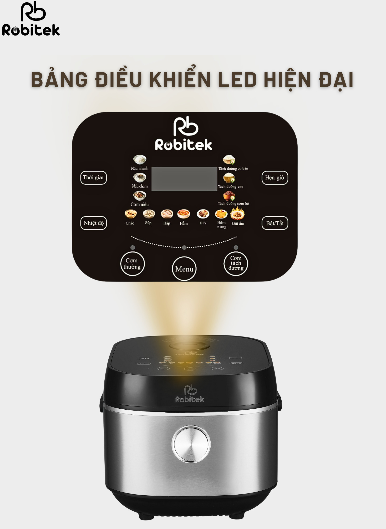 NỒI CƠM ĐIỆN LÒNG INOX ROBITEK RC18 COLOR – DUNG TÍCH 1.8L – NẤU CƠM TÁCH ĐƯỜNG, NỒI CƠM 14 CHỨC NĂNG